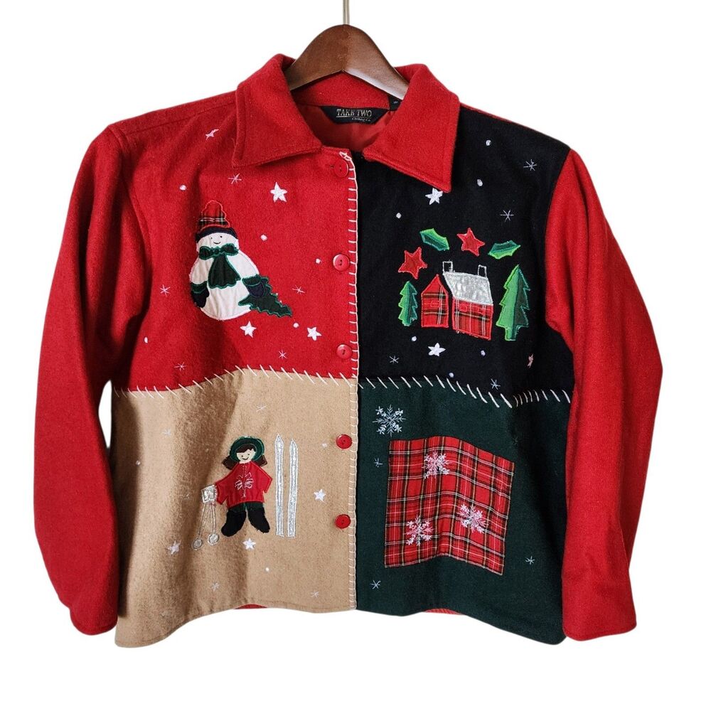 Take Two Christmas Wool Blend Jacket Large Snowman Skier Colorblock Vintage